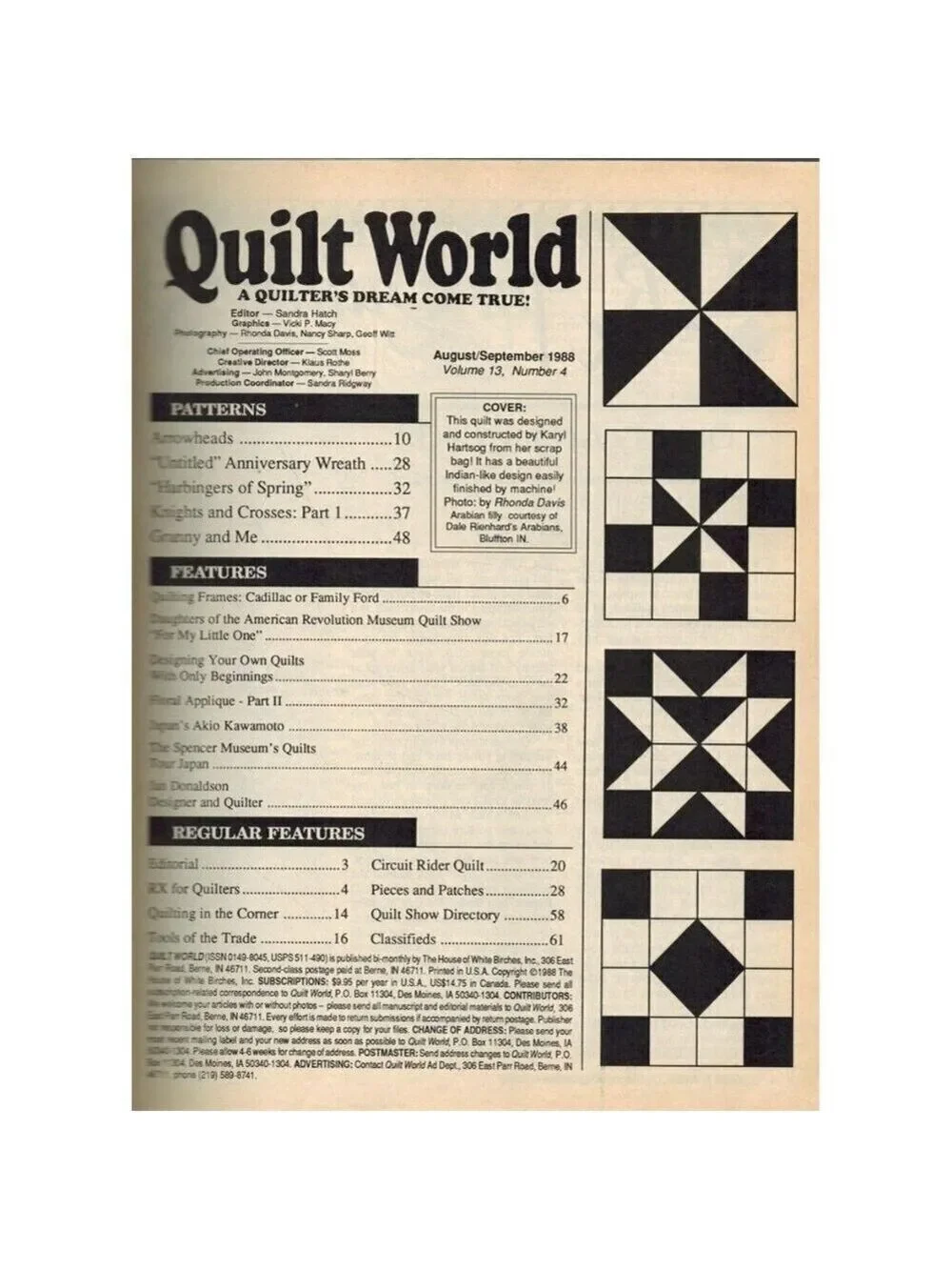 Quilt World Magazine September 1988 House of White Birches